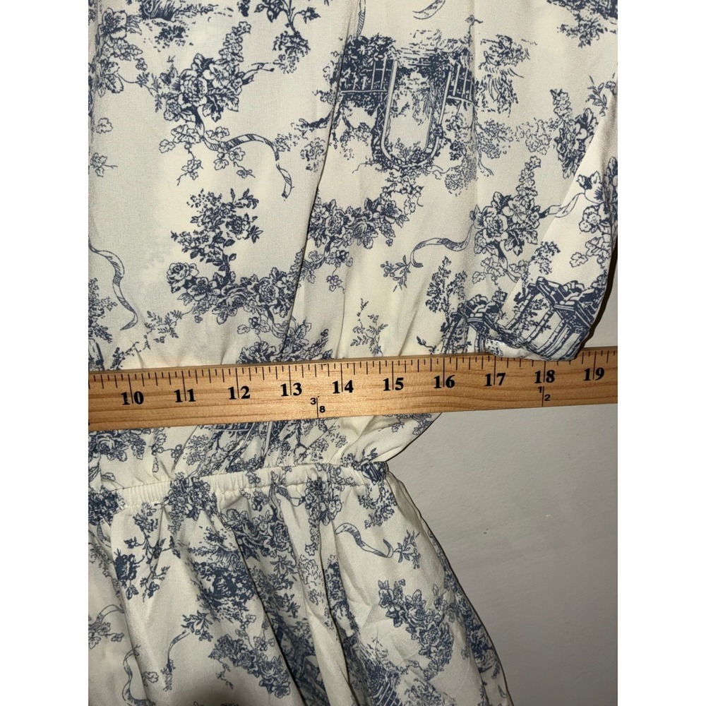 Romantic Shirt Dress Womens 6 M Blue White Toile Print Button Mini‎ Waist Tie - Picture 8 of 10